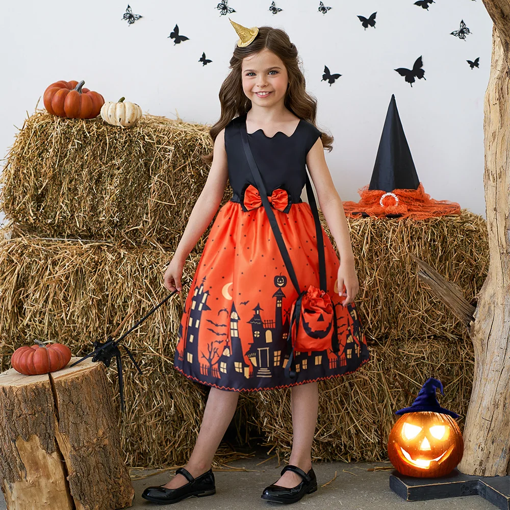 Halloween Black Costume For Kids Girls Pumpkin Vampire Printed Cosplay Carnival Party Princess Dress Children Girl Fancy Dresses