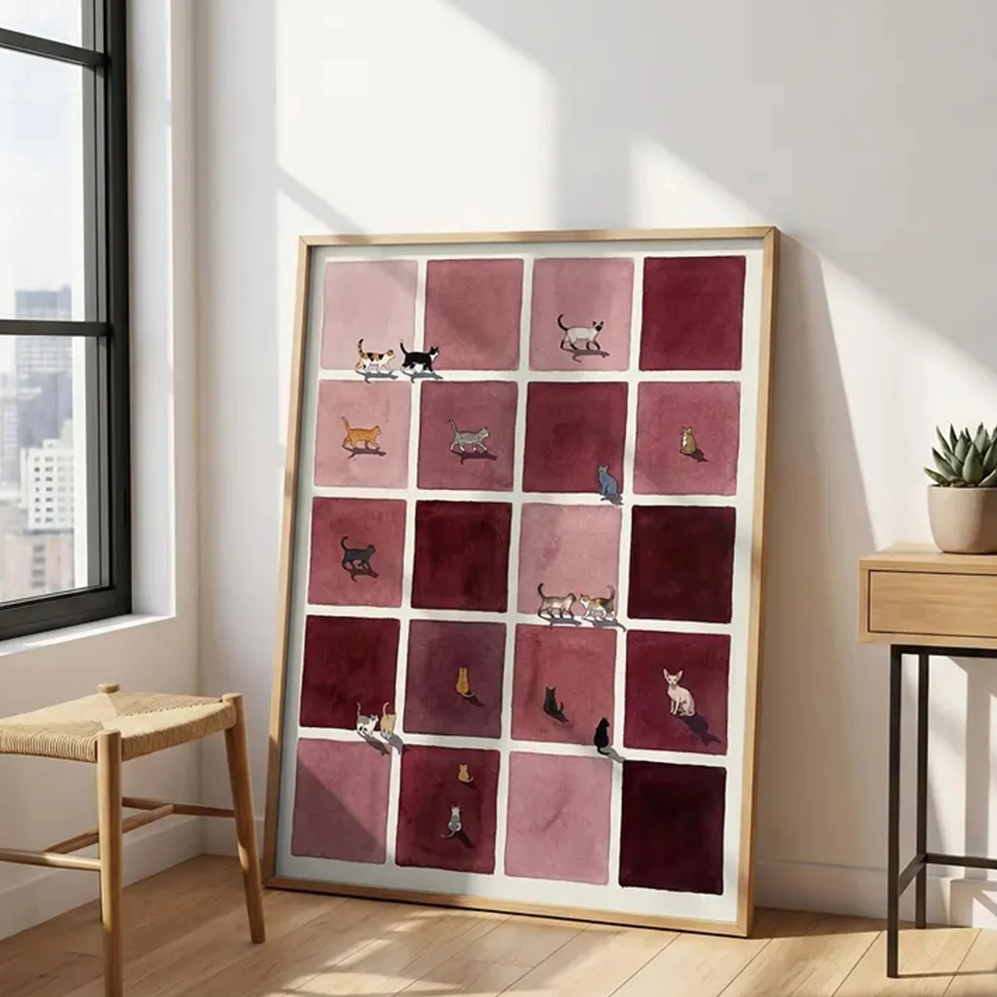 Modern Minimalist Burgundy Grid Tiny Cats Wall Art Print Canvas Painting Poster Picture For Living Room,Bedroom Home Decor