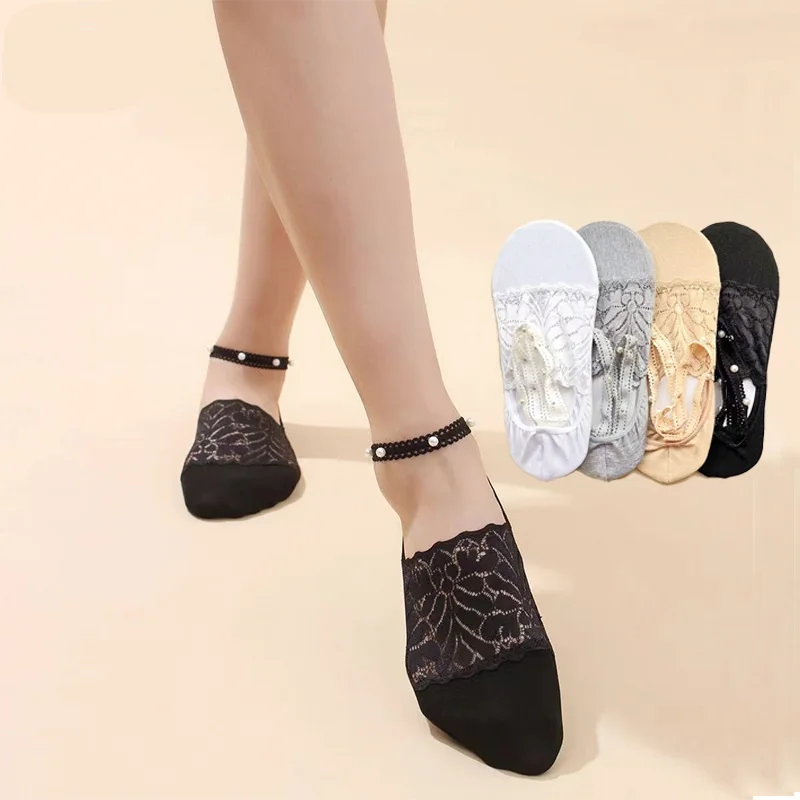 

Fashion Women's Pearl Lace Ankle Socks, Deep Mouth Non-Slip Cotton Boat Socks, Summer Invisible Low-Cut Socks Designer Socks