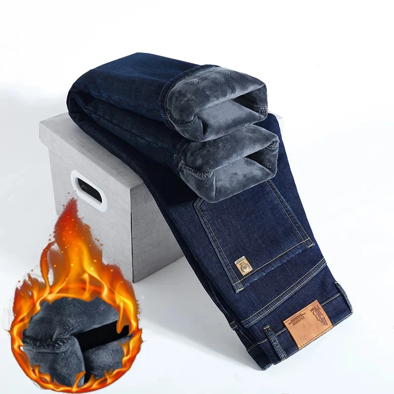 28-40 tamanho grande inverno homens de pelúcia calças de lã grossa lambswool calças jeans térmicas calças casuais à prova de vento calças jeans de algodão quente