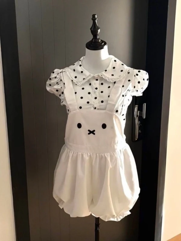 

Summer Polka Dot Blouse And Loose Overalls Women's Fashion Set Cute Sweet Girl Youthful Short Sleeve Doll Collar Shirt