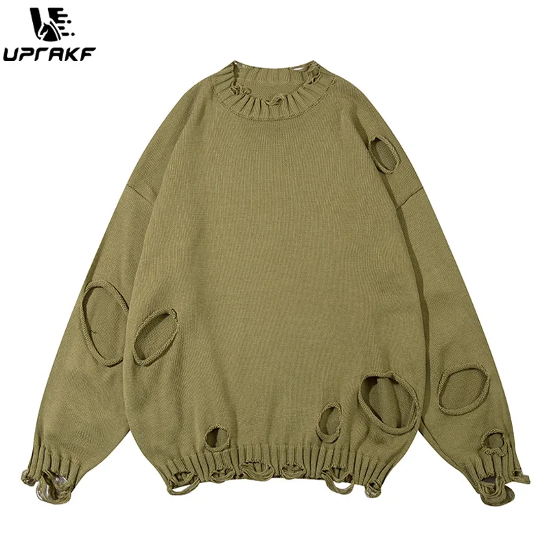 UPRAKF Ripped Hole Sweater Solid Color Autumn Winter Fashion Streetwear Pullover Casual Long Sleeve Loose Knitted