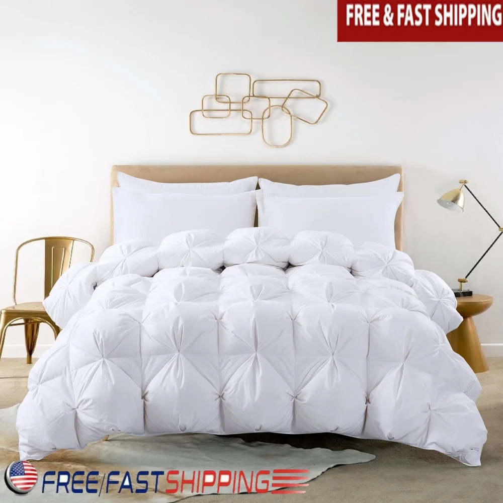

Hypoallergenic White Duck Down Comforter Pintuck Design King Size Machine Washable Cozy Warmth Microfiber Polyester 233tc Cotton