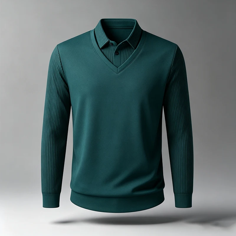 Herren-Oberteil im Zweiteiler-Look mit langen Ärmeln, gestreiftem Kragen und Ärmeln, reguläre Passform, weich, knitterresistent, Business-Casual-Pullover. – Detail 15