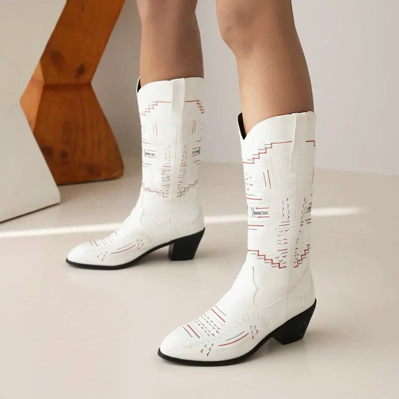 Women's Western Cowboy Boots Vintage Embroidered Round Toe Chunky High Heel V Cut Mid Calf Rider Long Boots