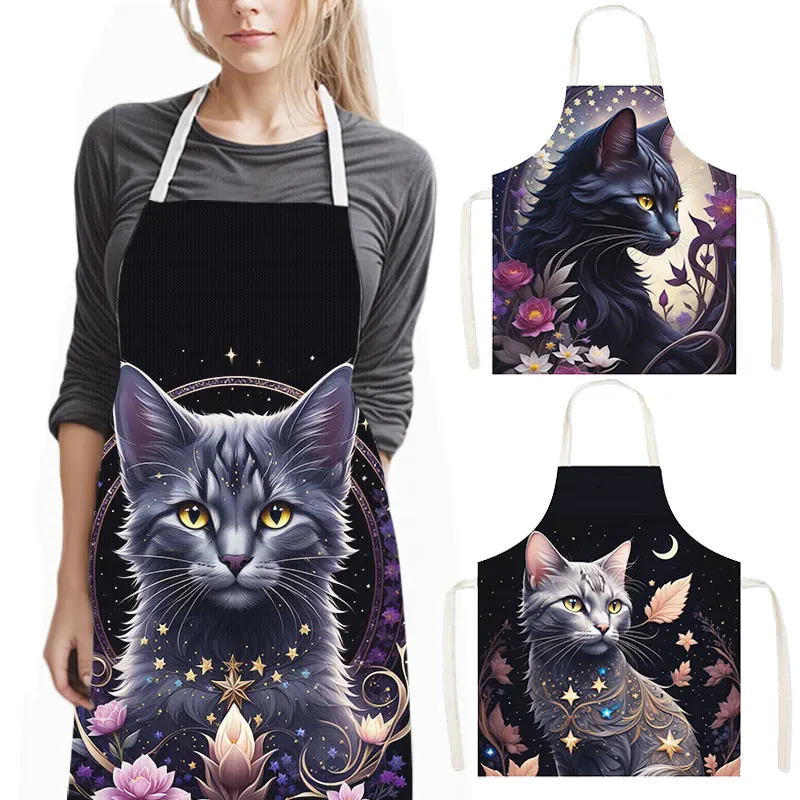 Mysterious Black Cat Print Kitchen Aprons Fantasy Pattern Children Bib Women Men Home Cleaning Clothing Tools Linen Pinafore