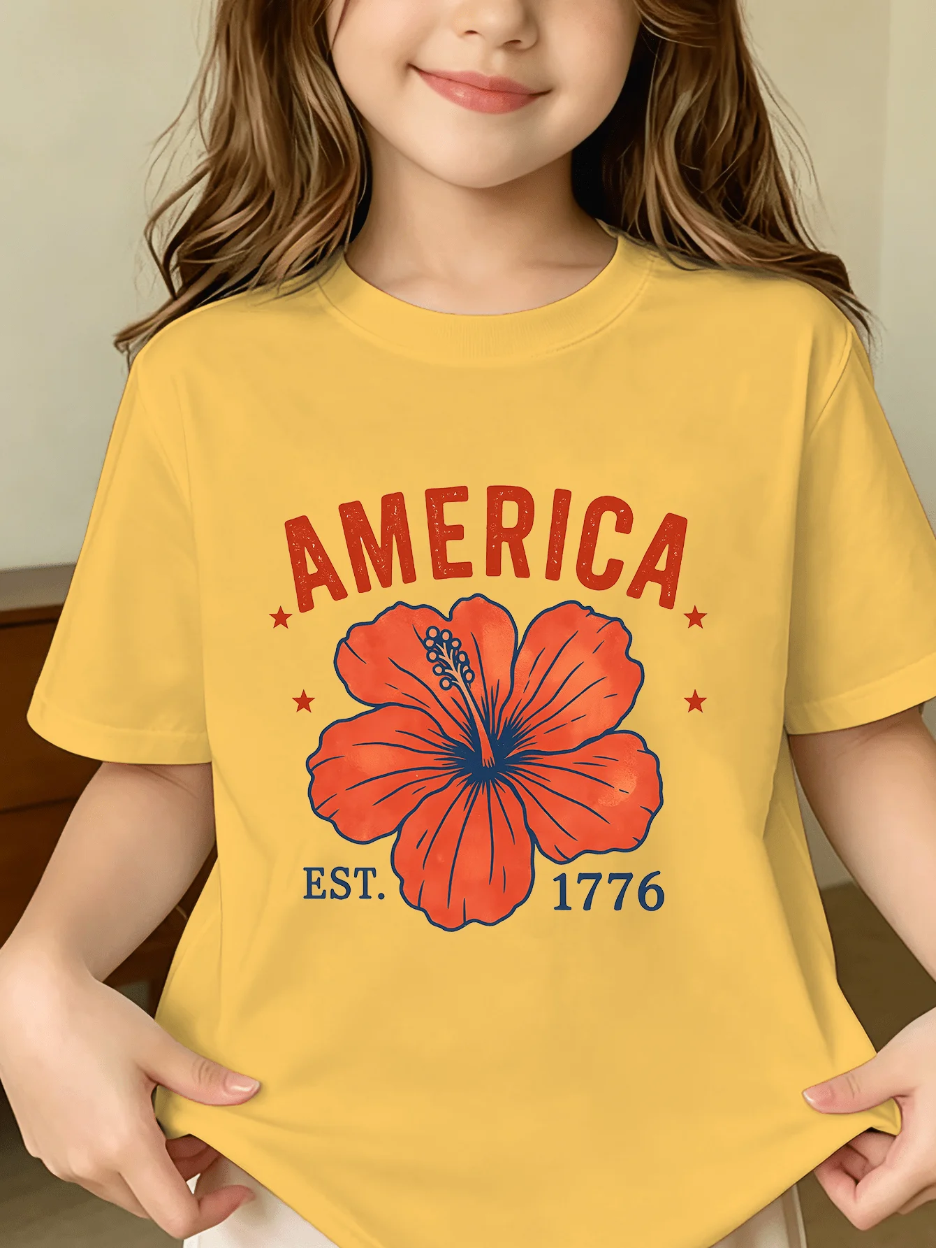 Patriotic Hibiscus Kid Tee America 1776 Floral Print Boys Girls Family Matching Cotton Summer Short Sleeve Basic Children Tshirt