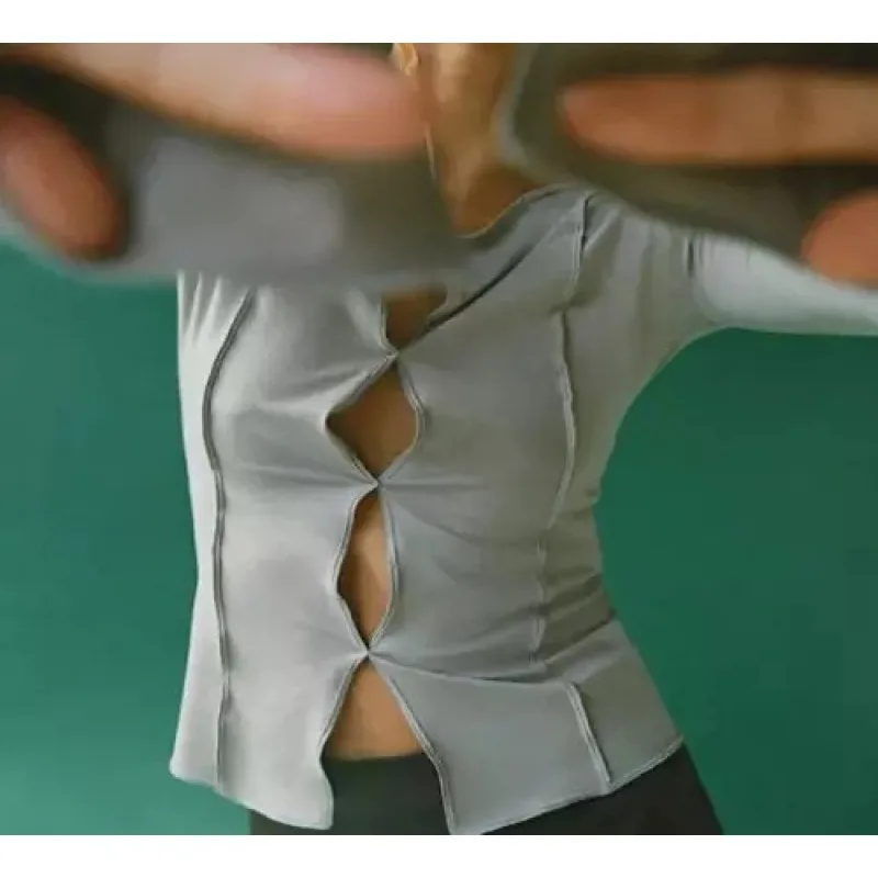 ضروري لسيارات Y2K! بلوزة رمادية مجوفة - رفيعة - بأكمام طويلة مع مشاعر جمالية قوية