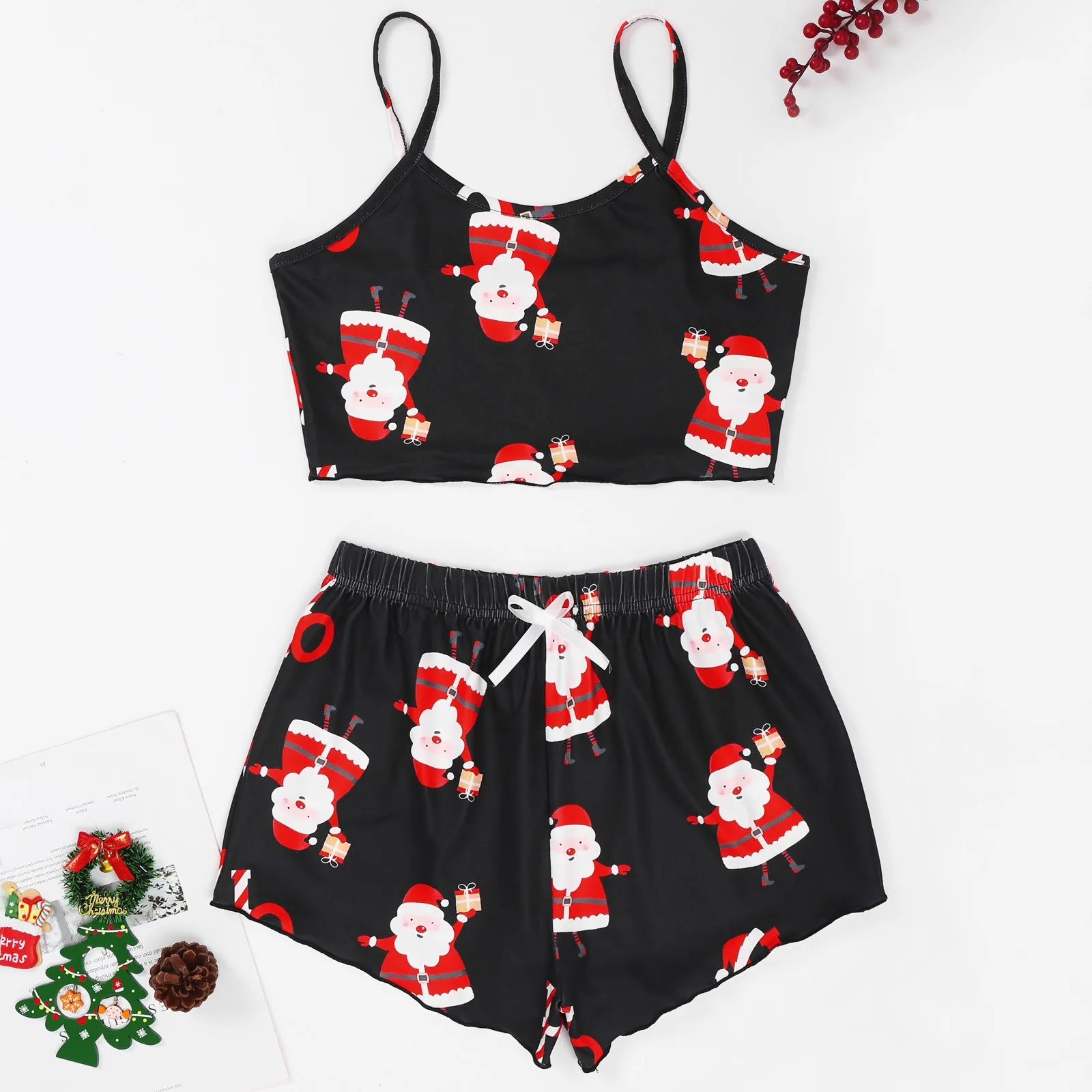 

Women's 2PCS Sleepwear Set Christmas Pattern Christmas Santa Deers Print Lettuce Trim Cami Top Vest And Shorts Hot Pants Thin