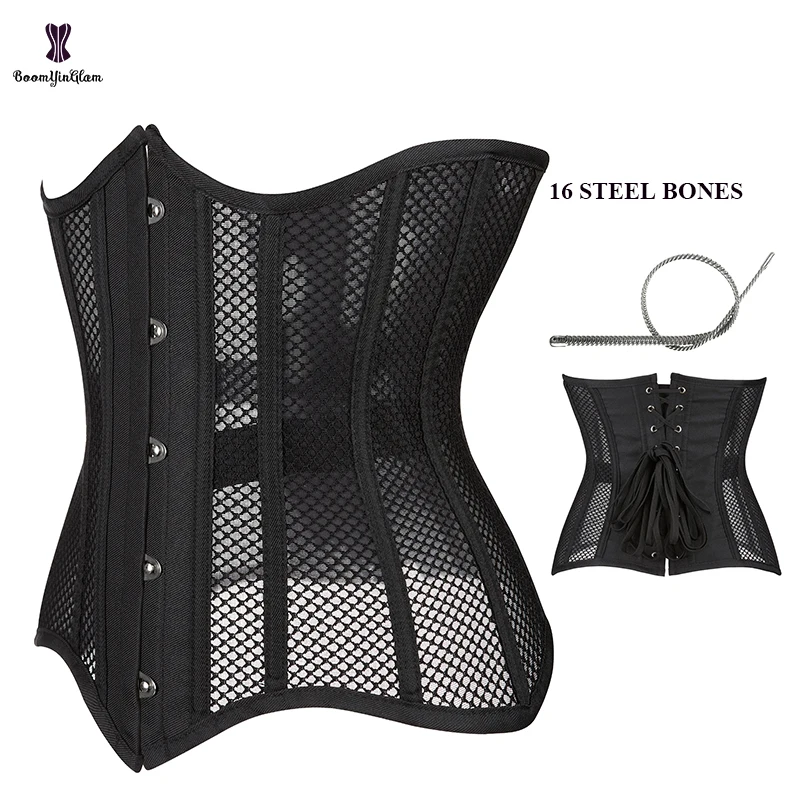 Frente 5 busto fechamento 16 aço desossado korsett feminino cintura treinamento espartilho underbust malha net corpo shaper plus size XS-6XL