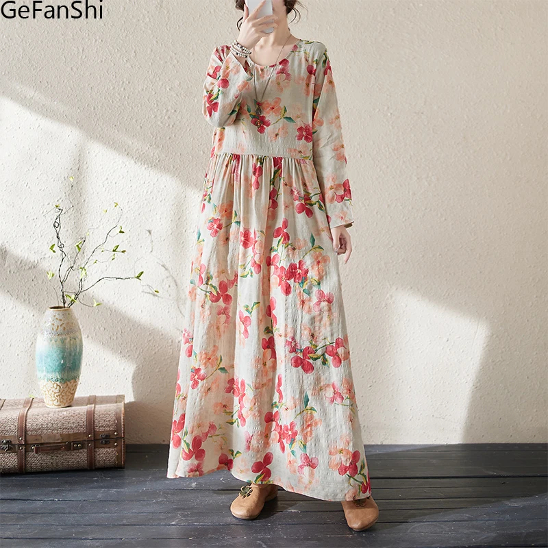 

New Spring Summer Floral Print Beach Dresses Women Korean Fashion Loose Casual Long Dress Robe Ladies Elegant Clothing