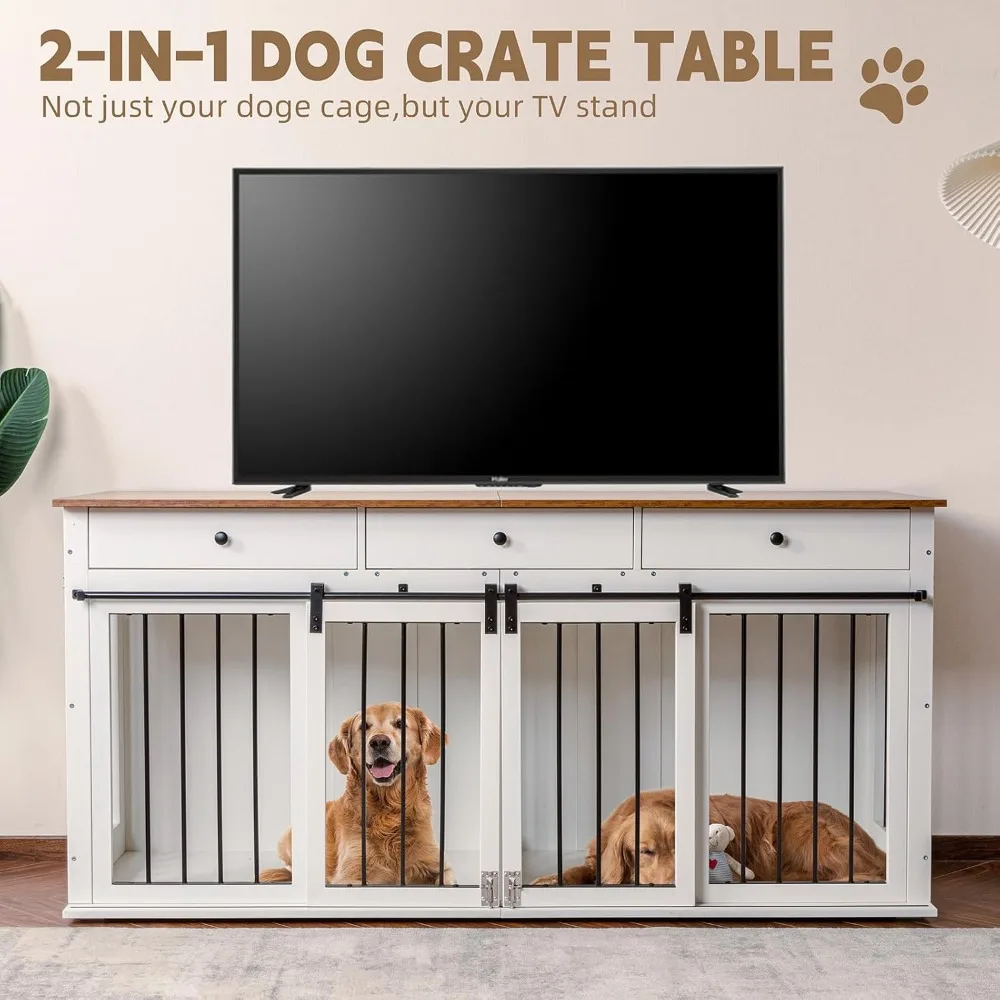 Dog Crate, Wooden Dogs Kennel with Room Divider & 3 Drawer, Double Doors Heavy Duty Dog Crate End Table Indoor TV Stand