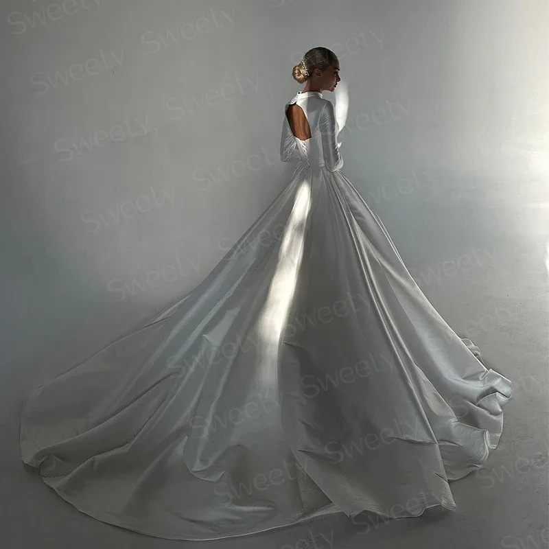 High-Neck Elegant Wedding Dress Soft Satin With A-Line Ballgown Full Sleeve Bridal Dress Back Zipper Vestido De Novia Customized