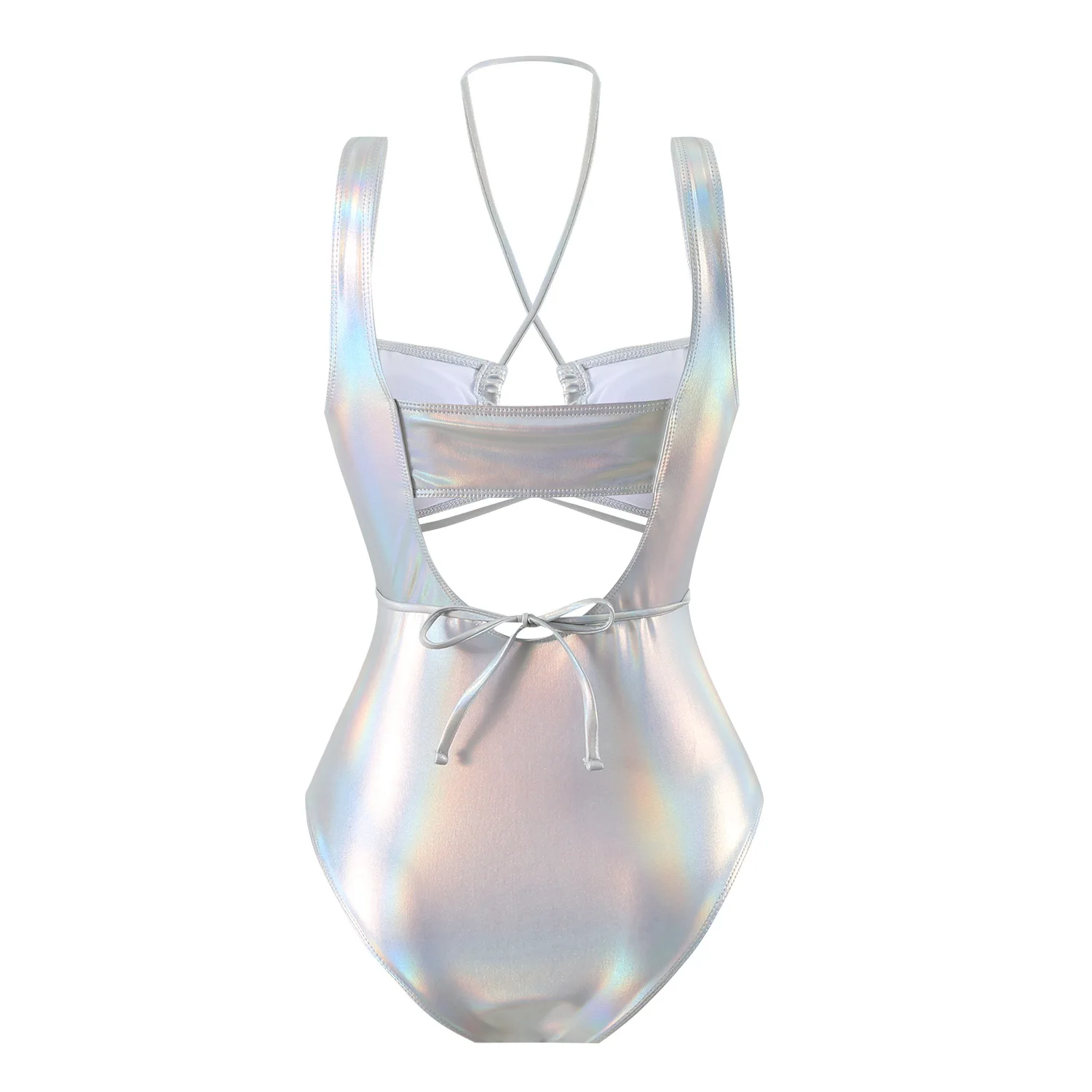 ใหม่เงา PU หนัง Faux Tummy ตัดผู้หญิงชุดว่ายน้ํา One Piece ชุดว่ายน้ําหญิง Halter Monokini Bather ชุดว่ายน้ําว่ายน้ํา