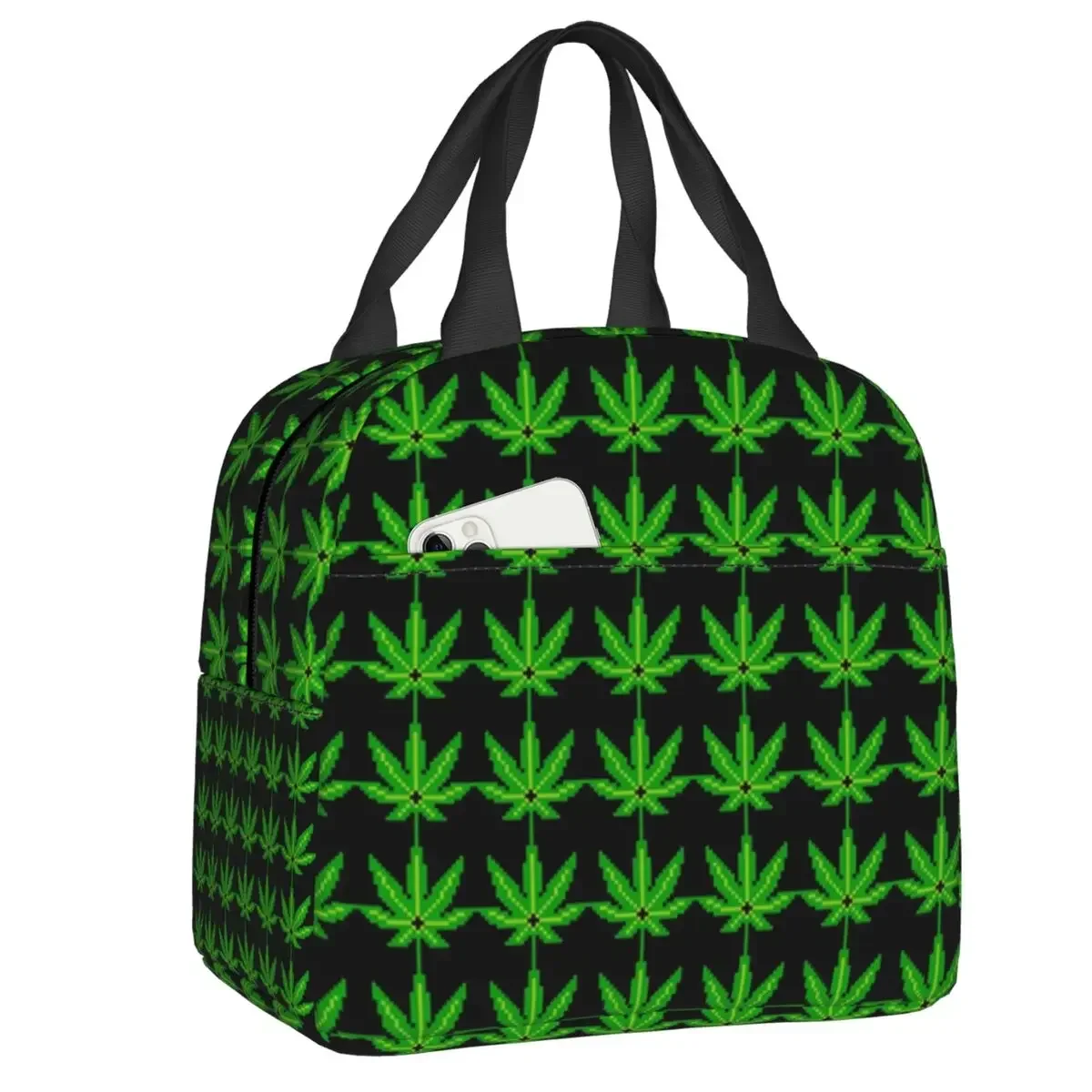 Custom Green Leaf Game Assets Cross Patterns Lunch Bag Women Cooler Warm Insulated Lunch Boxes for Adult Office