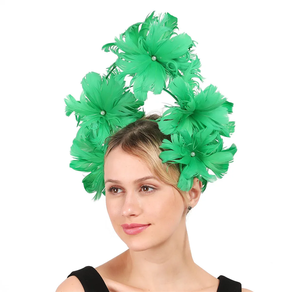 Feather Flower Headdress Vintage Horse Will Exaggerate Small Top Hat Green Hair Hoop Imitation Pearl Hair Headpieces Millinery