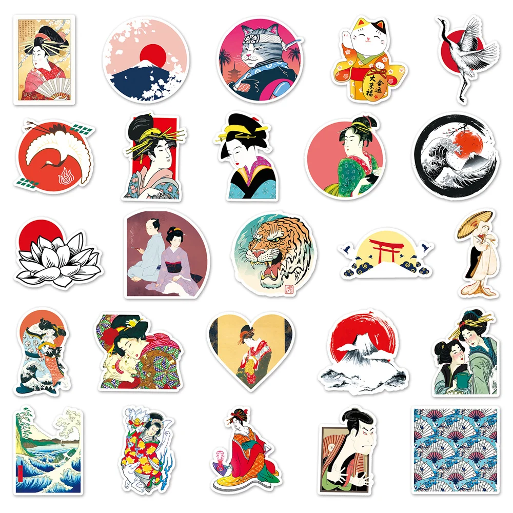 50 PCS Cartoon Japanese Ukiyo Painting Creative Personality Lucky Cat Animal Graffiti Stickers Bicycle Scooter Helmet Laptop