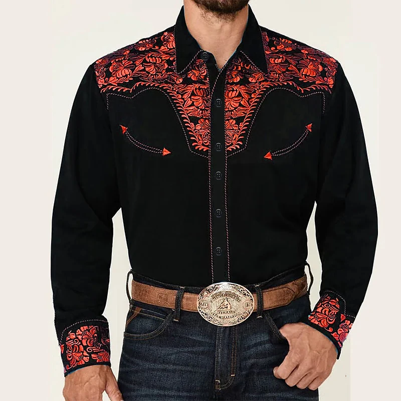 Western Tribal Ethnic Lapel Men\'s Casual Sports Outdoor Street Long Sleeve Button Top Shirt Suit Lapel Clothing Casual Comfort