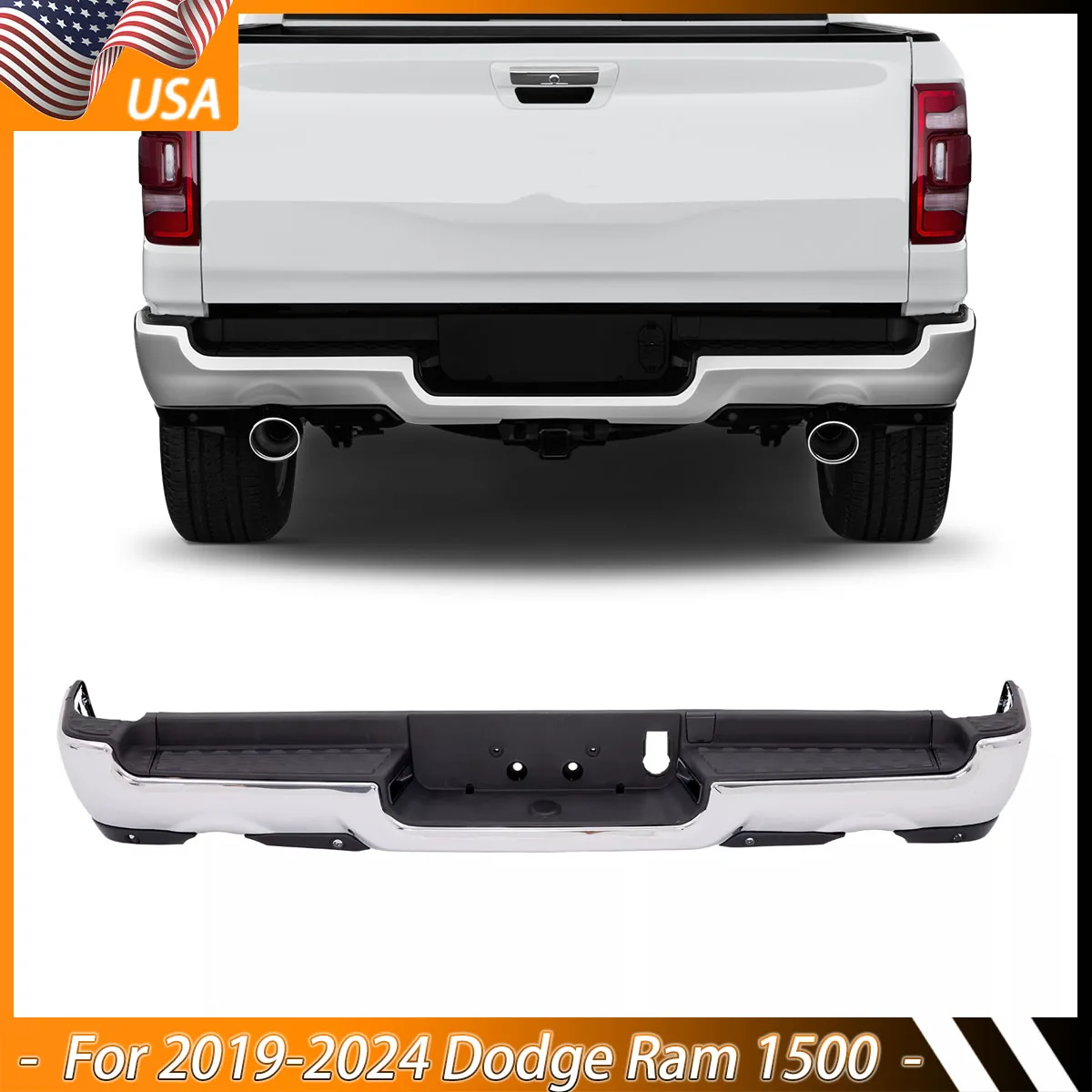 NEW Rear Bumper Assembly For 2019-2024 RAM 1500 Chrome Rear Bumper Assembly with Park Assist Sensor Hole & Dual Exhaust Magickit