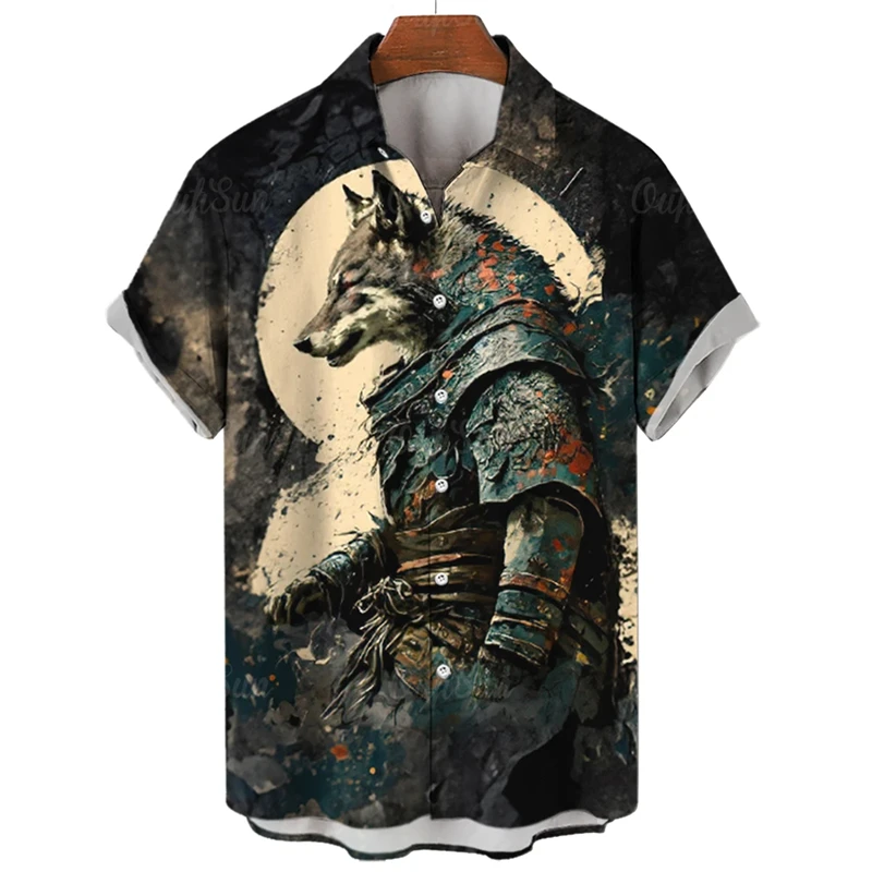 Vintage Cat swordsman 3D Printed Shirts For Men Clothes Funny Animal Graphic Blouses Casual Mens Lapel Blouse Summer Button Tops