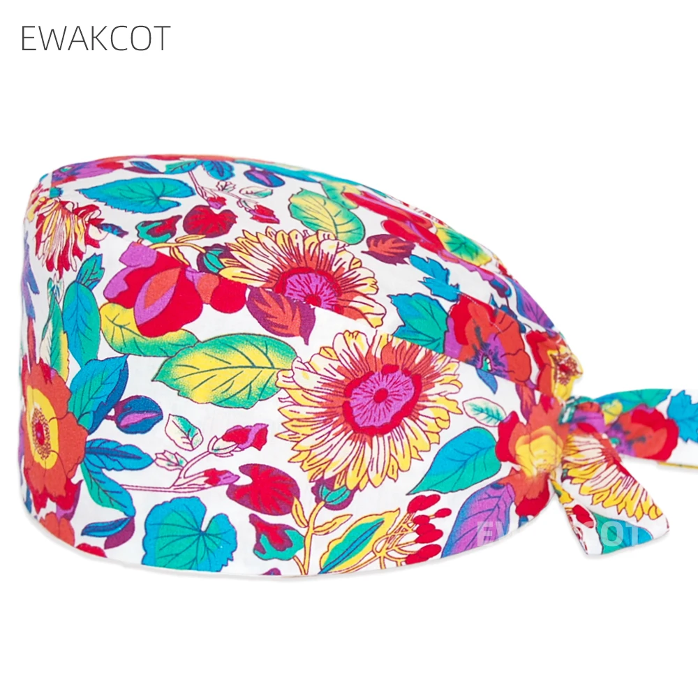 New Soft Scrub Cap for Women and Men 100% Cotton Flowers Printed Surgical Hats Chef Dental Sanitary Dentist Clinic Working Caps