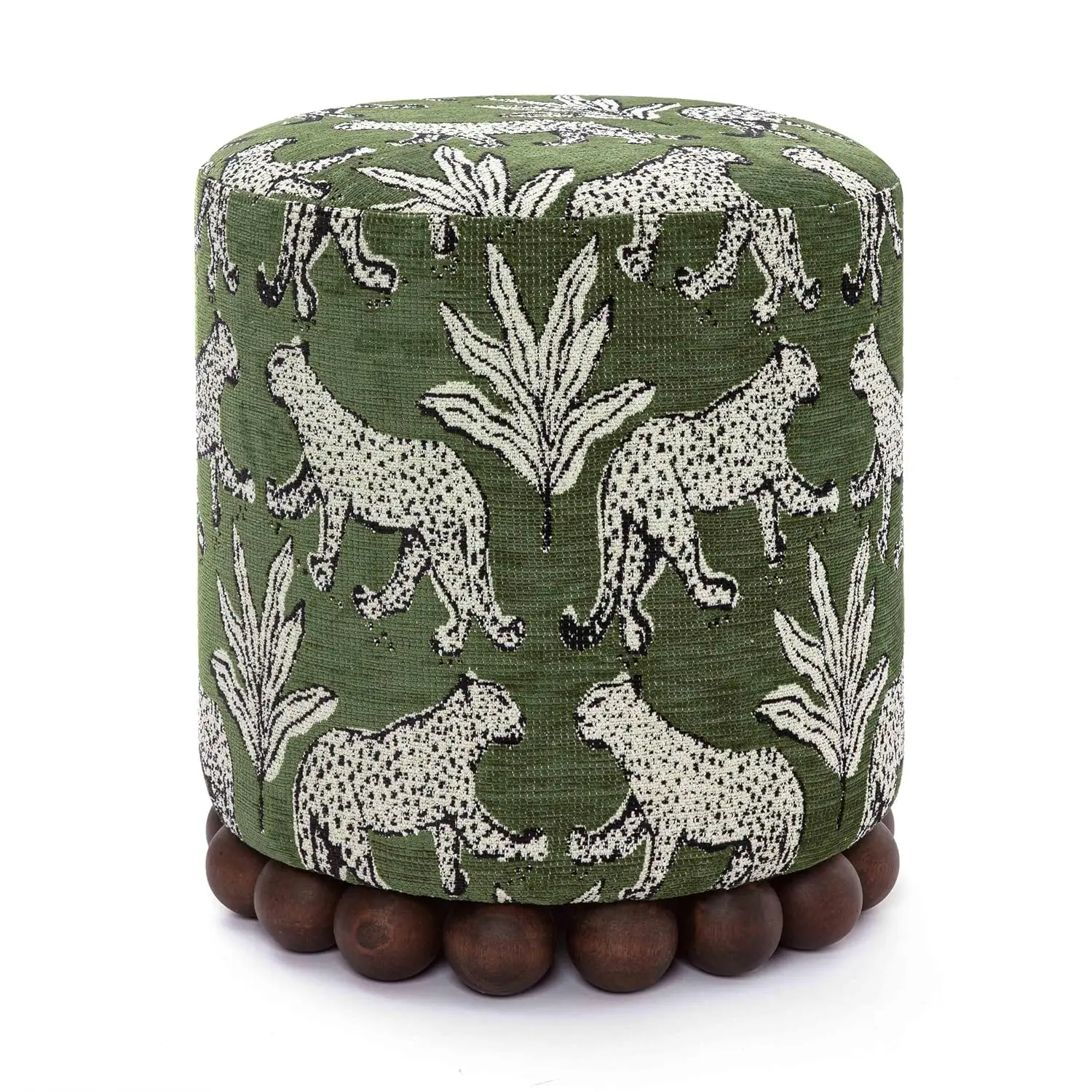 Olive Green Round Ottoman Stool with Wood Spherical Legs, 15.7x15.7x18.3 Inch, Handmade, Easy Clean, 330 lbs, Customized