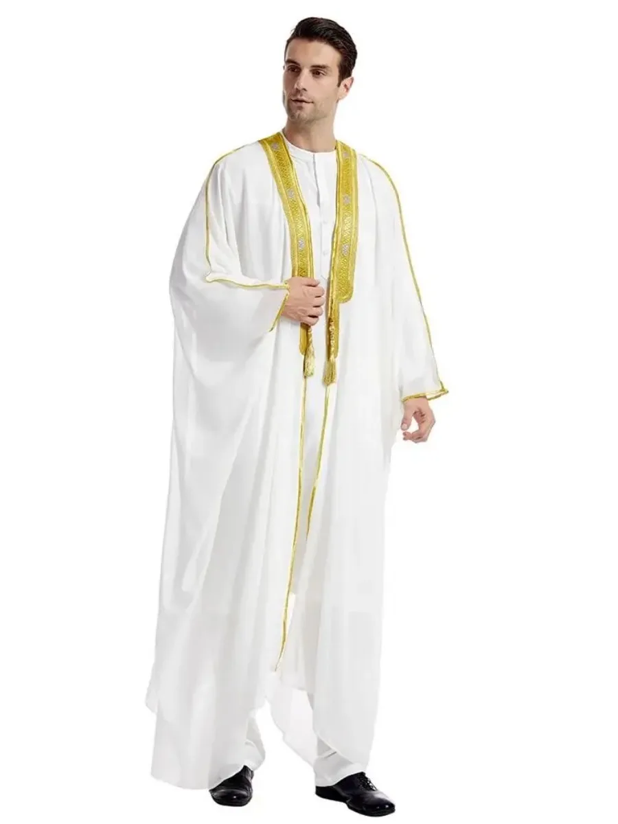 Homens muçulmanos mangas compridas cor borla bordado chiffion cardigan robe árabe masculino adulto tornozelo comprimento thobe ramadan eid roupas