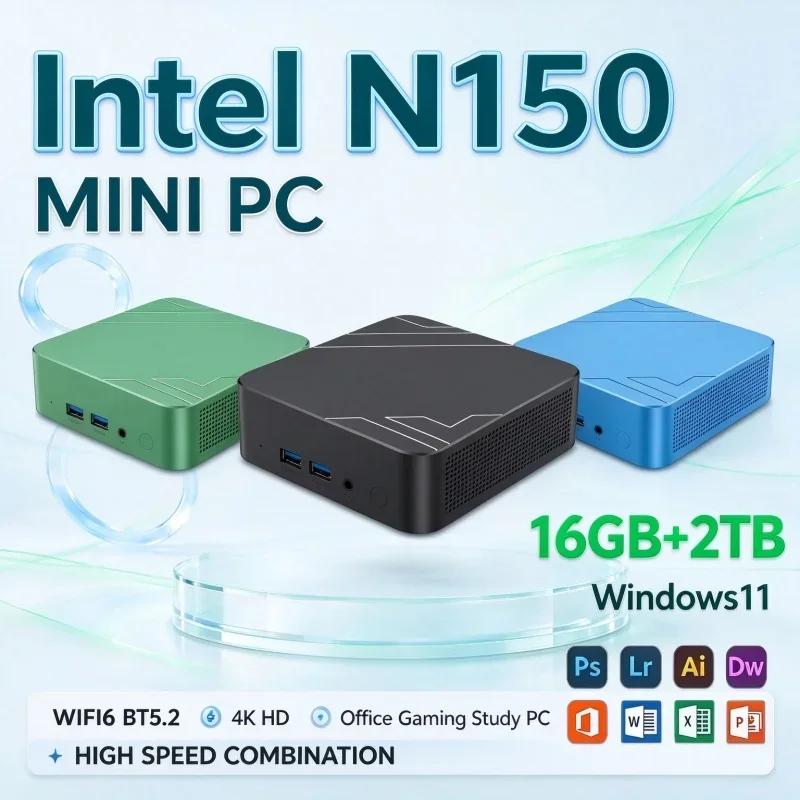 Intel N150 Small Form‑Factor Mini PC Windows 11 16GB RAM 1TB/2TB SSD WiFi6 BT5.2 High‑Speed Host for Home Office Study Gaming