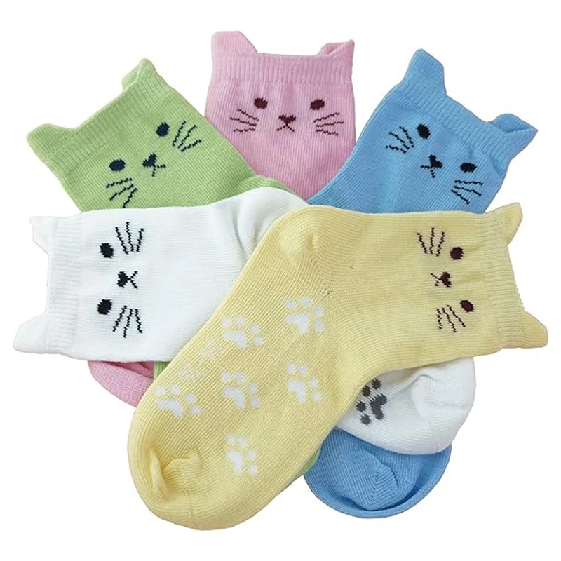 5 Paar Mädchensocken mit Cartoon-Katzenmuster, weiche, bequeme Baumwoll-Ganzjahres-Kindersocken für den täglichen Gebrauch – Detail 2