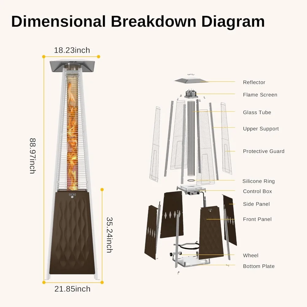 Calentador piramidal para patio de 48,000 BTU con tubo de vidrio de cuarzo, ruedas y triple seguridad para uso en exteriores