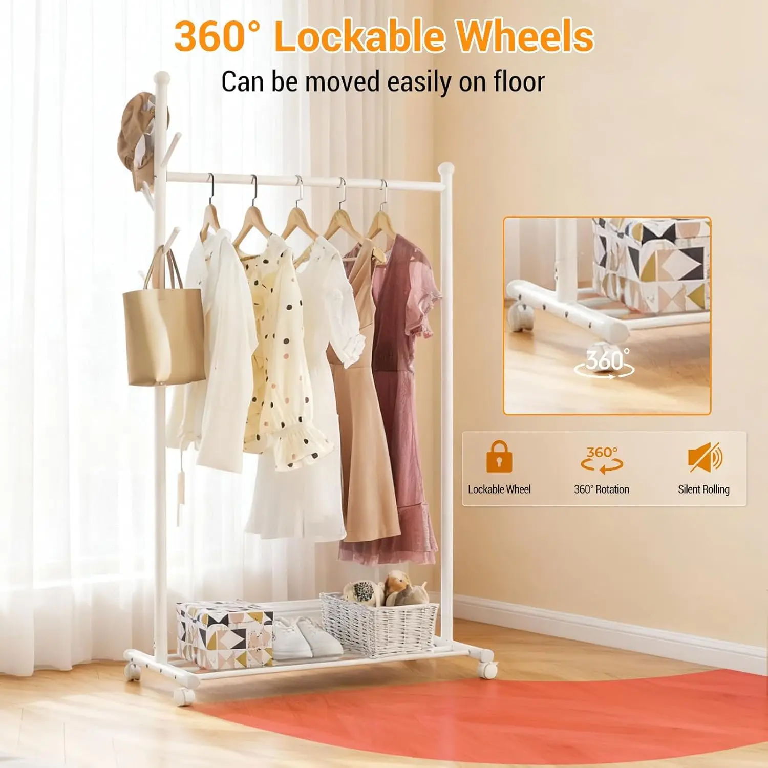

Portable Clothes Rack on Wheels, Bedroom Metal Clothing Rails Coat Racks with Bottom Shoes Shelf Garment Hanging Organisation
