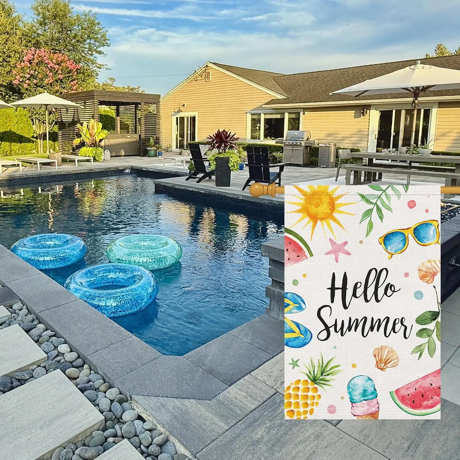 Hello Summer House Flag 28x40 Inch Double Sided for Outside, Burlap Colorful Sun Ice Cream Fruits Beach Sign Yard Outdoor De MMZ