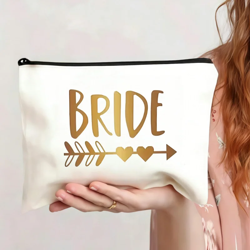 Bride Themed Wedding Makeup Bag with Golden Arrow Heart Print Suitable for Wedding Favors Travel Toiletry Organizer Storage Bags