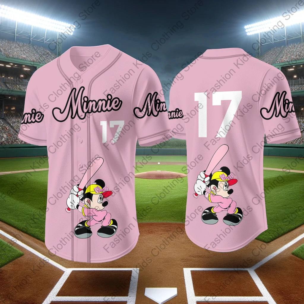 MINISO 2024 New Baseball Jersey Cute Minine Mouse Print Kids Adults Fashion Cartoon Buttons Baseball Uniform Kids Tops Clothing