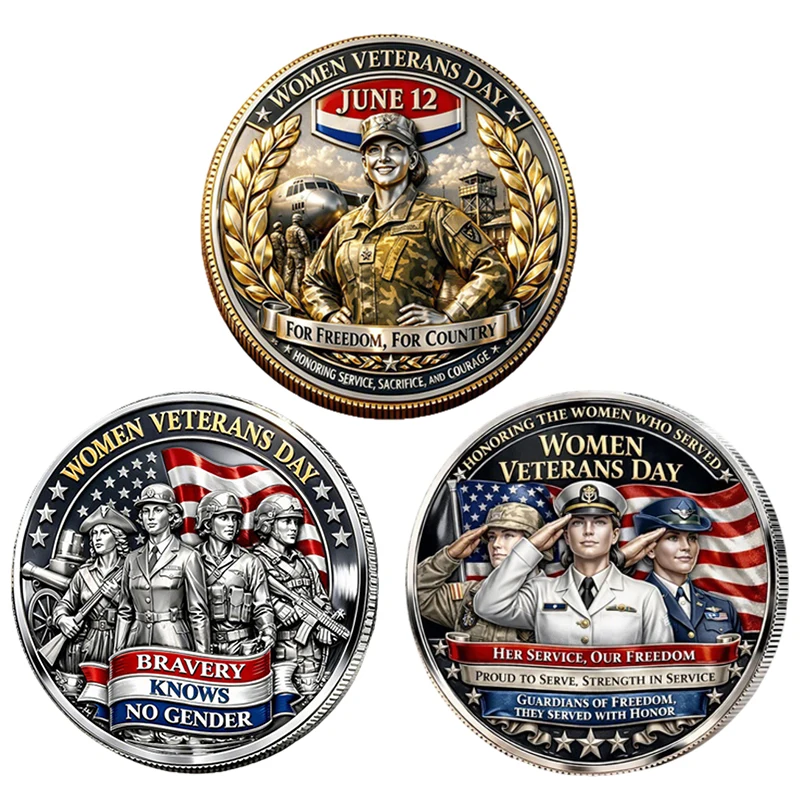 1pc Woman Veterans Day Printed Commemorative Coin June 12 Her Service For Freedom For Counrty Challenge Coin for Female Soldiers