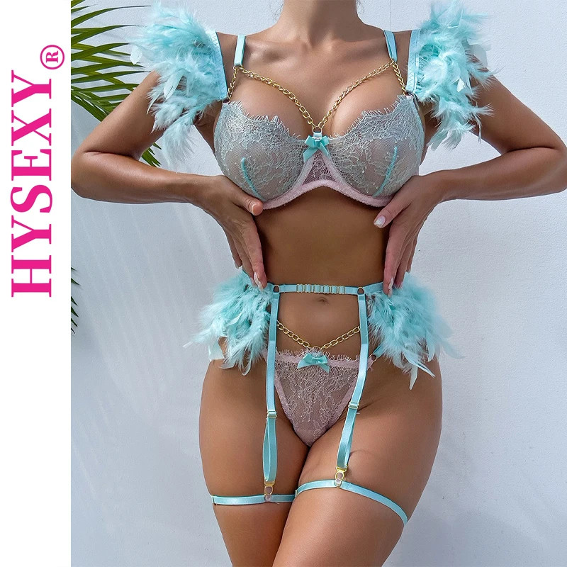 HYSEXY Womens Lingerie Set with Garter Women Feather Splicing Chain Bra Thong Suit Babydoll Sexy Lace Erotic Underwear Outfit