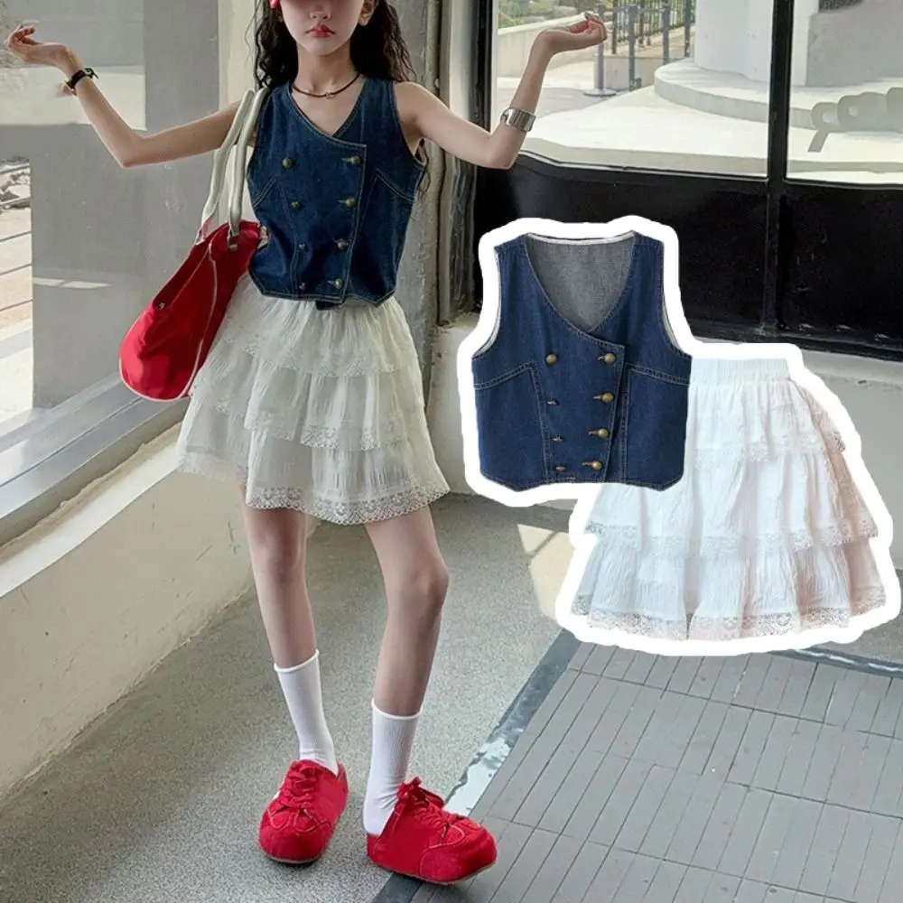 

Fashion Cowboy Vest Girls Sweet Clothes Set Lace Children Vest Cake Skirt Set Clothing Loose Teens Two Pieces Suit Kids