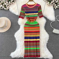 Vintage Elastic Rainbow Striped Dress for Women Summer Slim Waist Bodycon Dresses Y2k Maxi Long Vestido Feminino