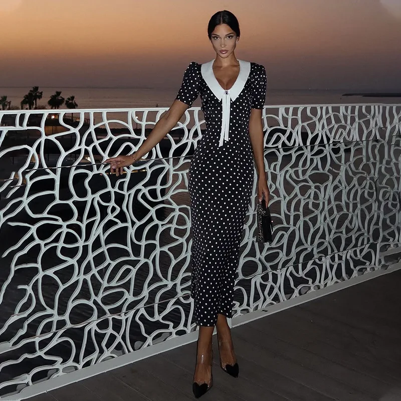 Robe mi-longue moulante pour femmes, Style français, couleur Patchwork, imprimé à pois, élégante, rétro, col Peter Pan, manches courtes, fendue