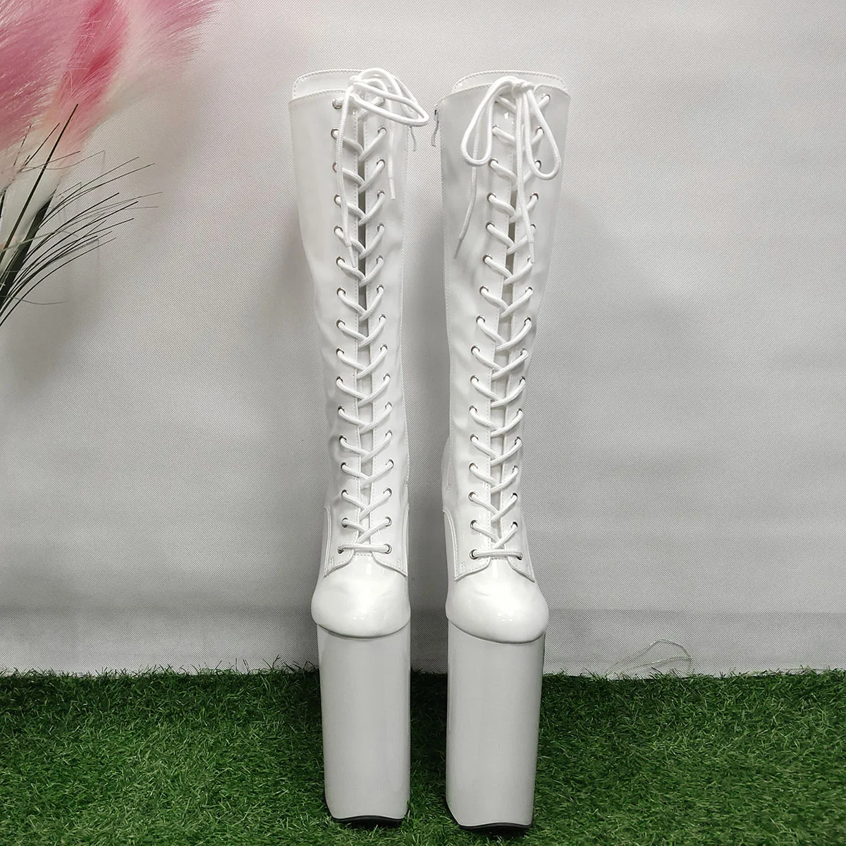 Crossdress Women Shoes Mid-Calf Strip Open Toe Pole Dance 26cm Thigh High Boots White Exotic Platform Round Toe Gothic Catwalk