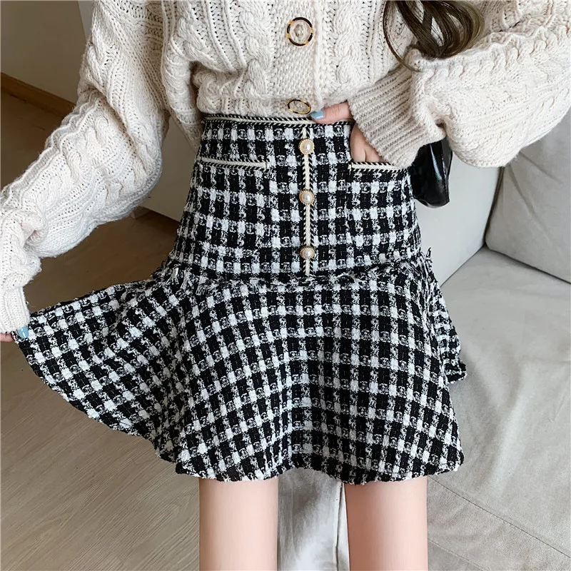 Grande taille L-4XL fille automne hiver taille haute Plaid queue de poisson jupe noir a-ligne à la mode polyvalent élégant coréen Mini jupes