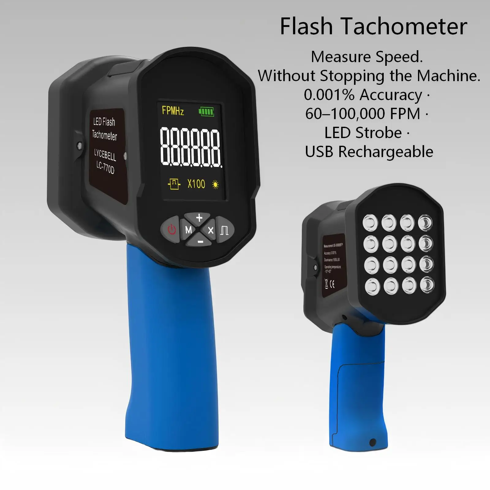60-100K FPM 0.001% Accuracy LED Non-Contact Handheld Flash Speed Meter&Phase Adjustment for HVAC Printing Textile Machinery QC