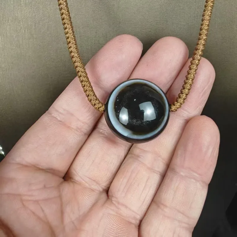Natural Eye Banded Agate Round Sphere Pendant Necklace Unisex Hand Braided Rope Vintage Tribal Gemstone Boho Jewelry Gift