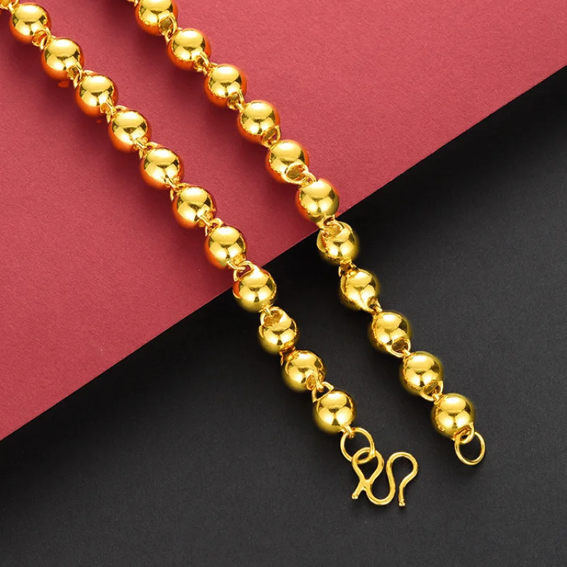 Solid Round Bead Necklace For Men And Women 24K Real Yellow Gold Couple Wedding Party Opening Light Luxury Jewelry