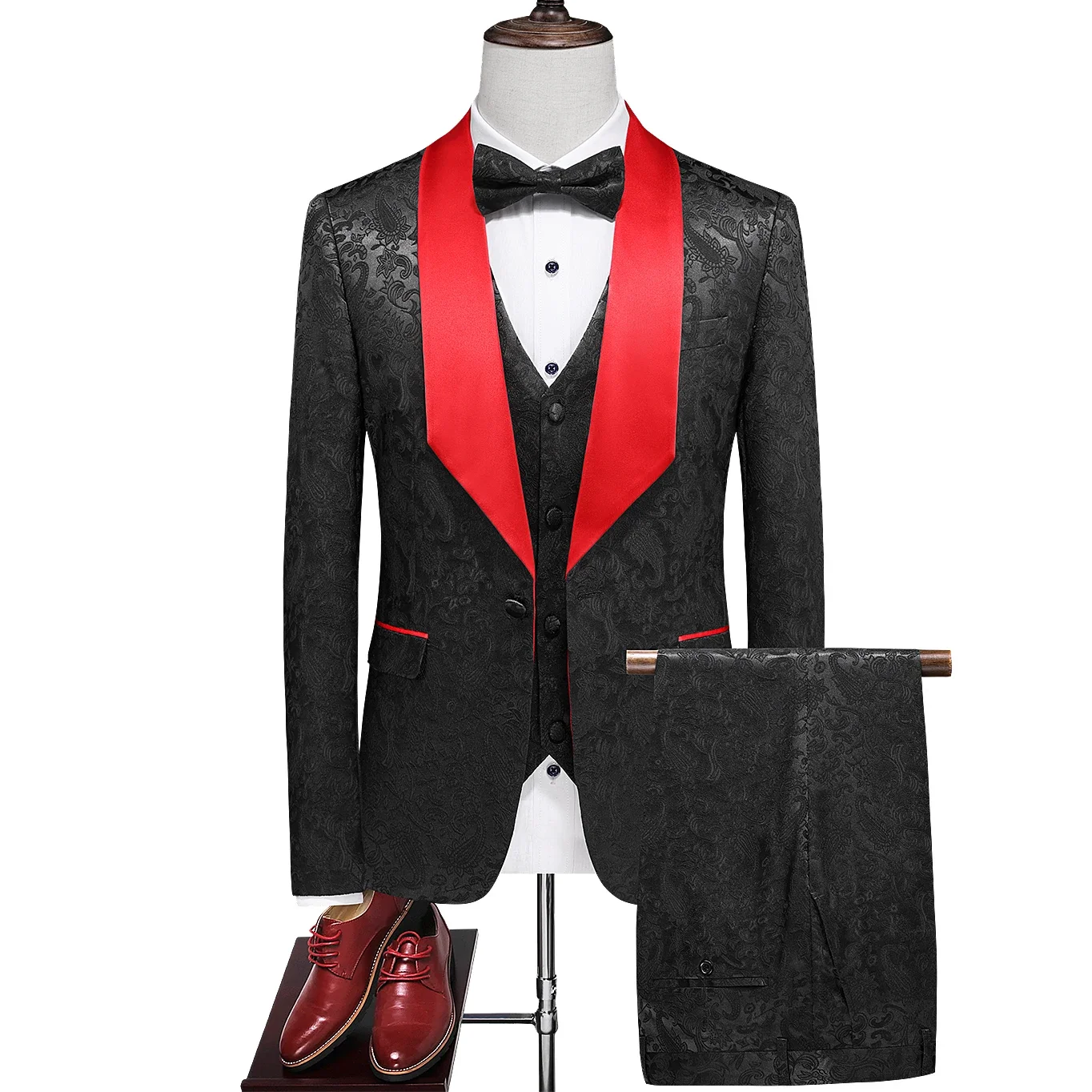 2023 Fashion New Men Leisure Boutique Slim Dark Embossed Suit Set / Male Casual Fit Three Piece 3 Pcs Blazers Jacket Pants Vest