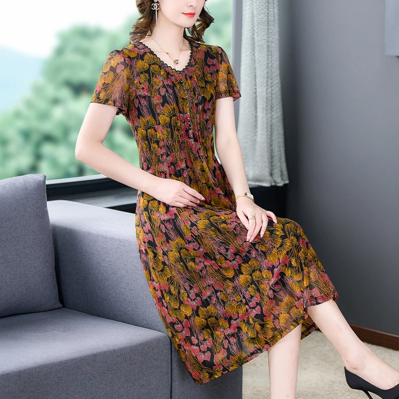 

Summer Fashion Round Neck Short Sleeve Silk Printed Dress For Men and Women 2023 Versatile Loose Fit Casual Holiday Dress Vestid