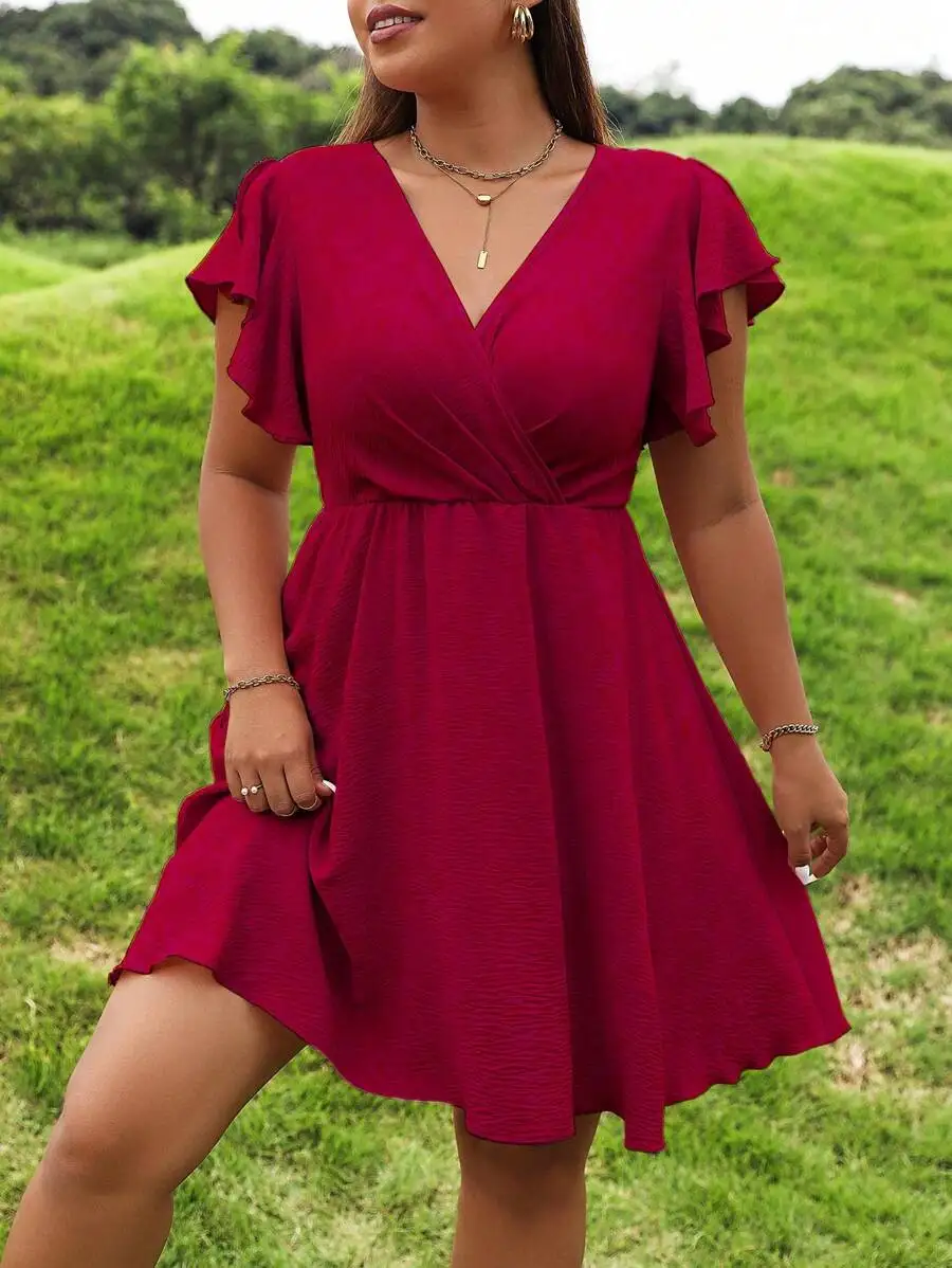 

Red Wrap V-Neck Butterfly Sleeve A-Line Mini Dress For Summer