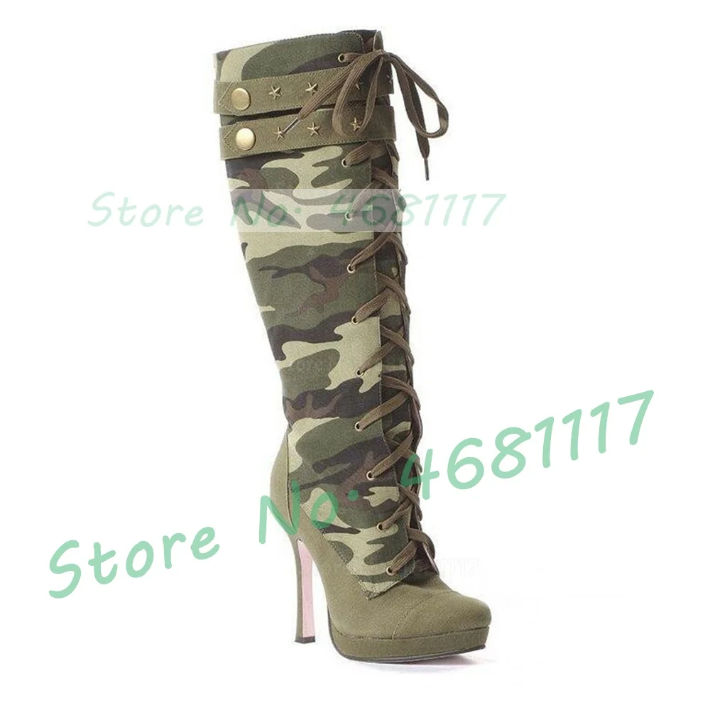 Camouflage Cross Tied Knee High Boots Autumn Women Trendy Round Toe Army Green Patchwork Boots Thin High Heel Mixed Colors Shoes