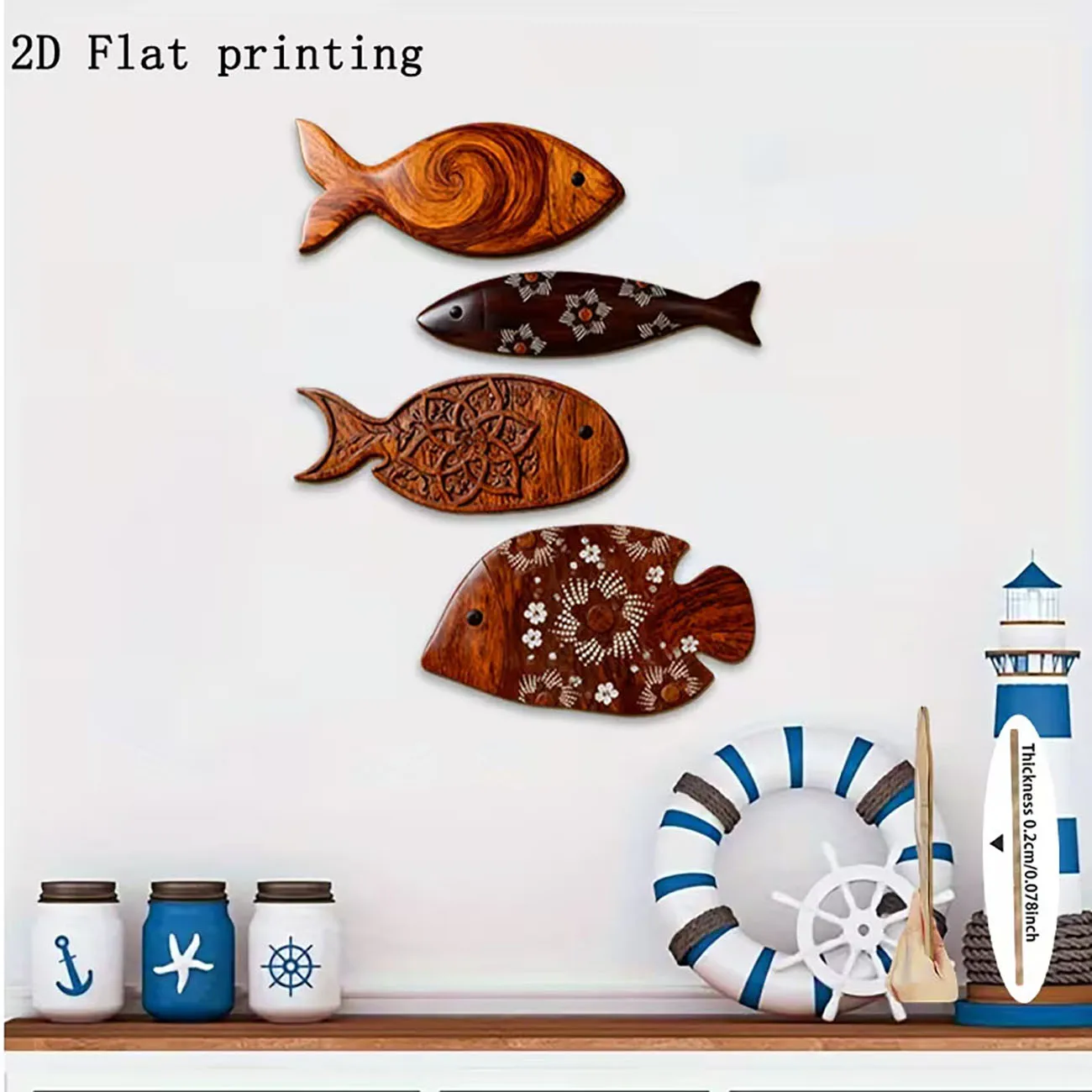 4Pcs Ethnic Carved Fish Wooden Wall Stickers Double Sided Nano Tape No Drill 2D Flat Print Coastal Wall Decor