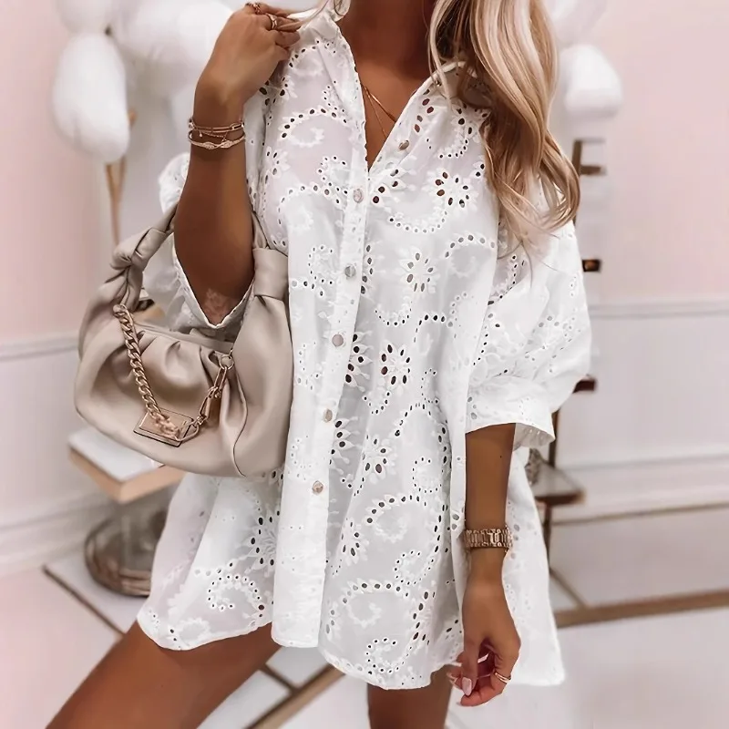 

Hollow Out Lace Elegant White Single Breasted Lapel T Shirt Dresses Women Summer Half Petal Short Sleeve Tops Casual Tee Tops